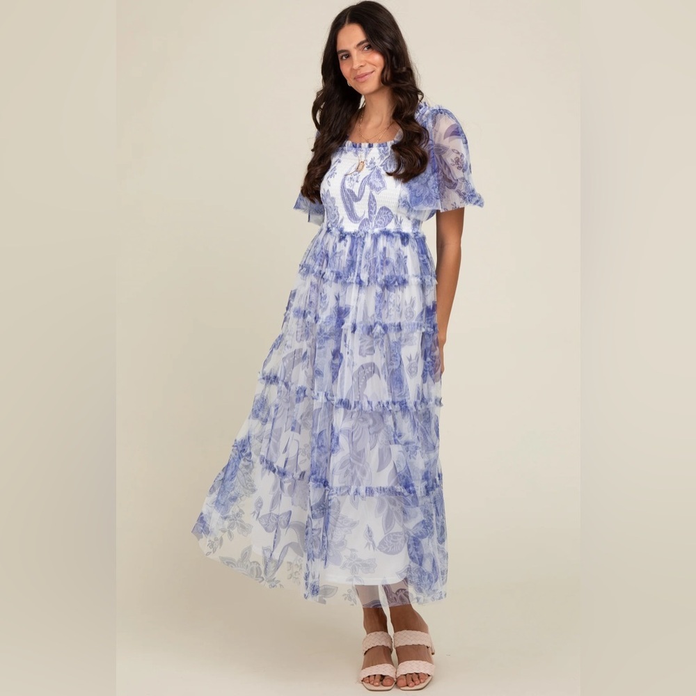 Dress Day Blue And White Tulle Ruffled Tier Dress Size large